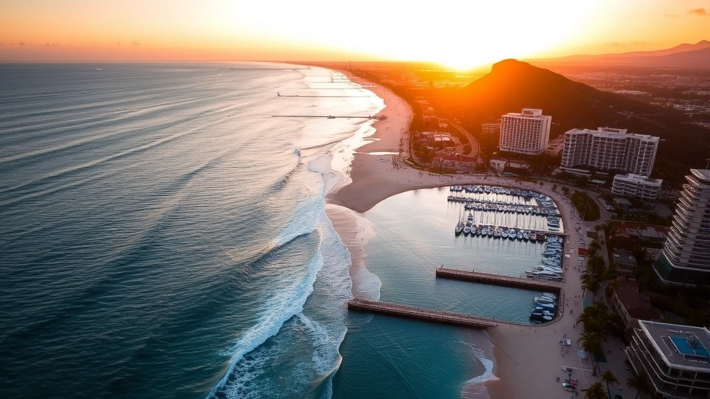 puerto vallarta tourist tax - 
Aerial view of Puerto Vallarta beachfront with luxury resorts and marina at sun