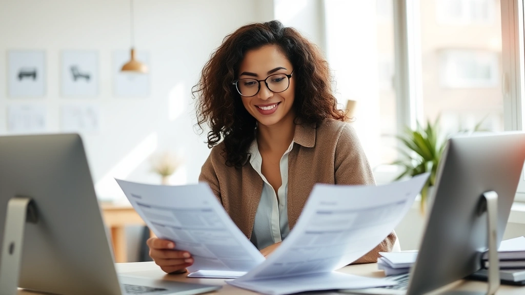 qualified dividends and capital gains tax worksheet - 
Confident woman reviewing brokerage statements and year-end tax documents at br