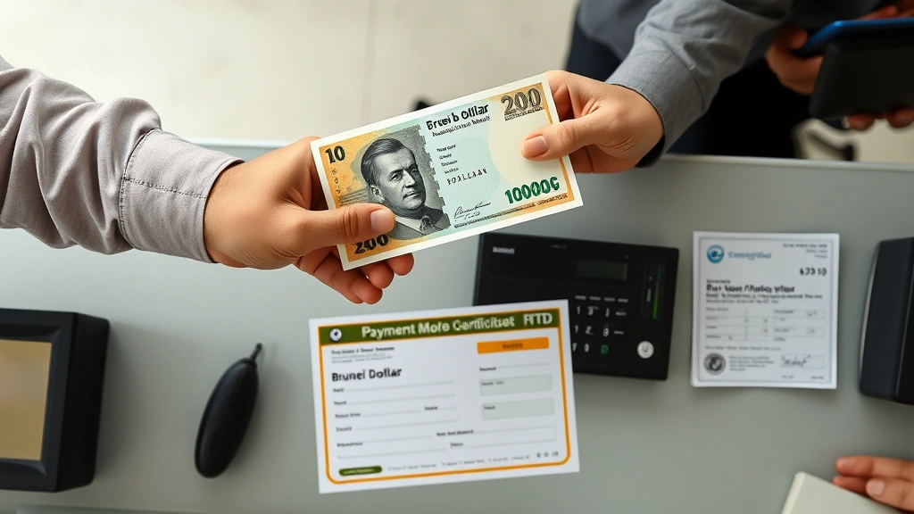 road tax brunei - 
Overhead view of hands exchanging Brunei Dollar currency and road tax certifica