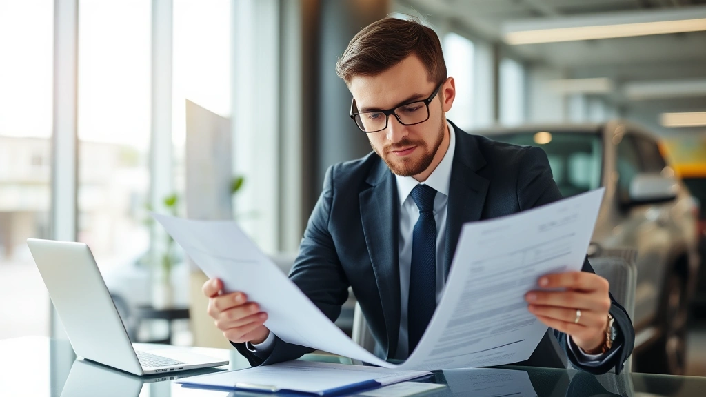 road tax brunei - 
Professional businessman reviewing vehicle fleet documentation and tax complian