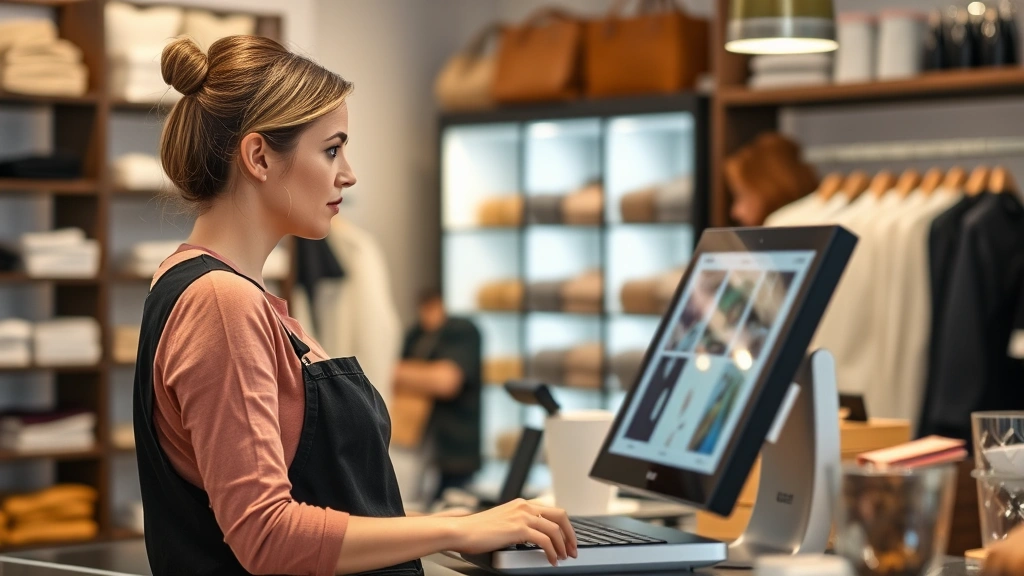 sales tax bellevue - 
Business owner at point-of-sale system in Bellevue boutique shop, focused on sc