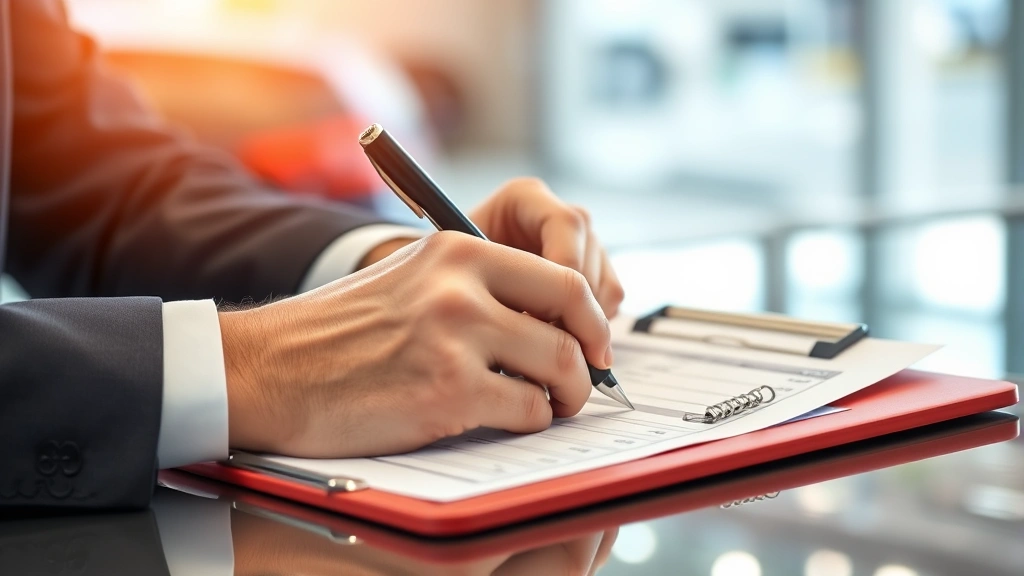 sales tax car arizona - 
Close-up of hands signing car purchase agreement at dealership with sales tax b