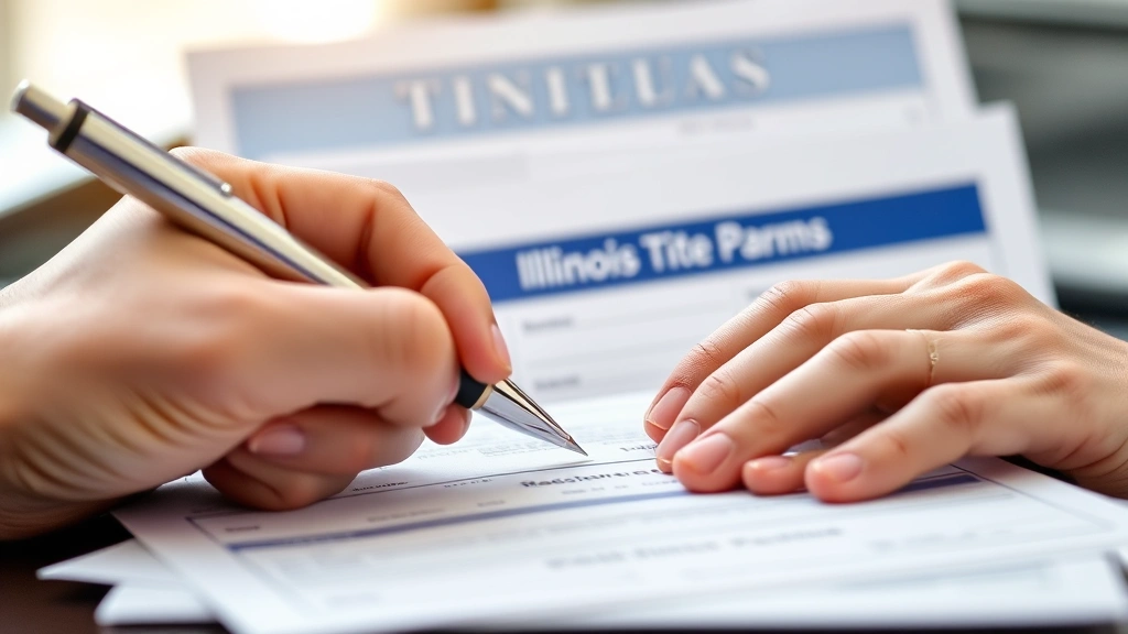 sales tax for a car in illinois - 
Close-up of hands holding Illinois vehicle title and registration forms with pe