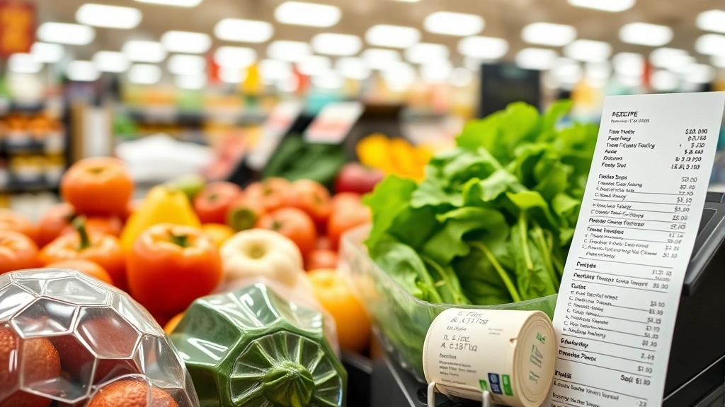 sales tax for miami fl - 
Close-up of grocery store checkout counter with fresh produce and tax receipt s