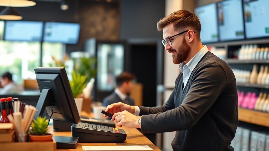 sales tax houston tx - 
Business owner at checkout counter processing customer transaction with POS sys