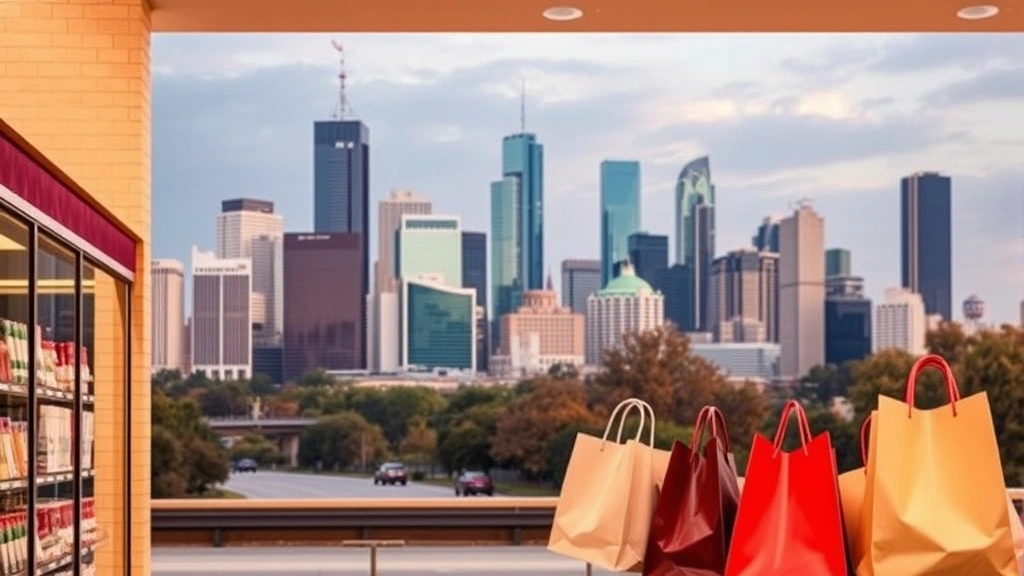 sales tax houston tx - 
Houston city skyline with retail storefront in foreground showing price tags an