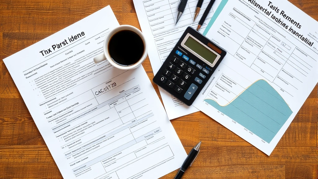 sales tax huntington beach california - 
Overhead shot of tax forms, calculator, and financial documents spread on woode