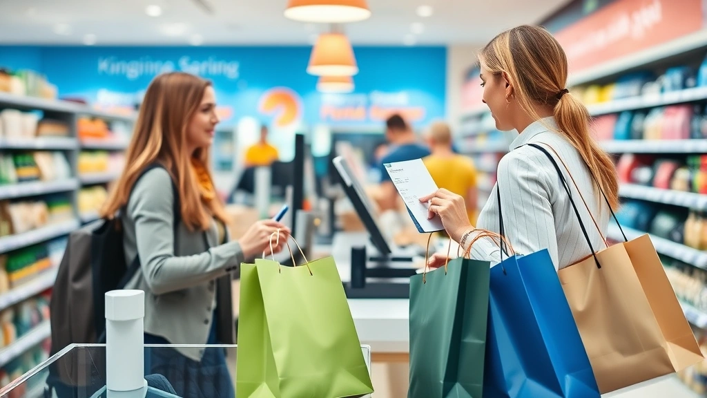 sales tax in charlotte - 
Customer at retail store checkout counter with shopping bags and receipt showin