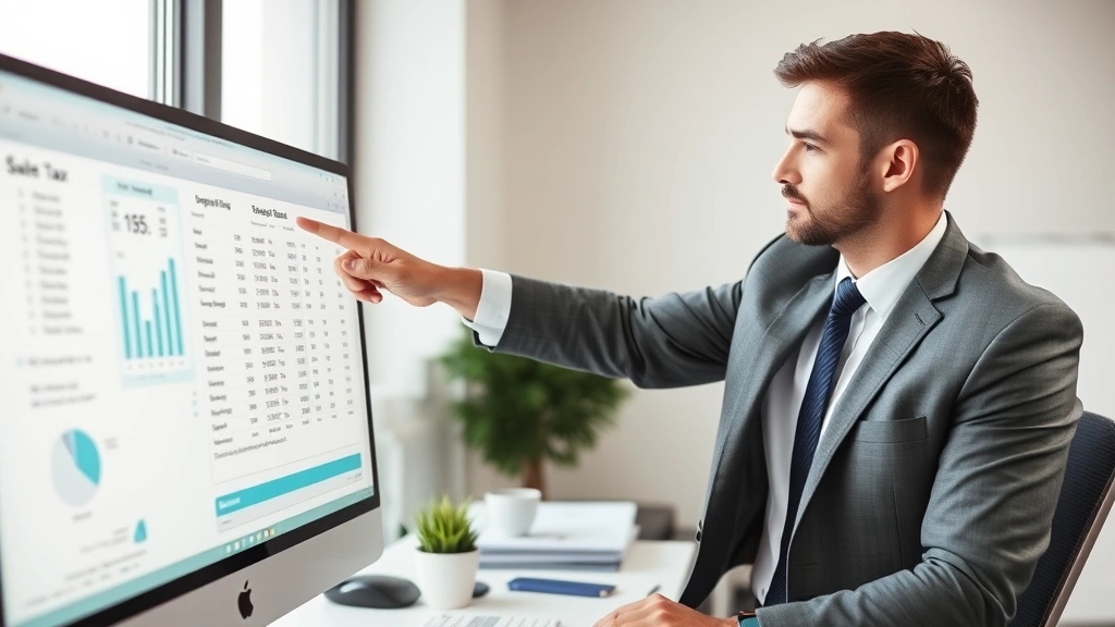 sales tax in charlotte - 
Professional male tax advisor pointing to sales tax information on computer scr