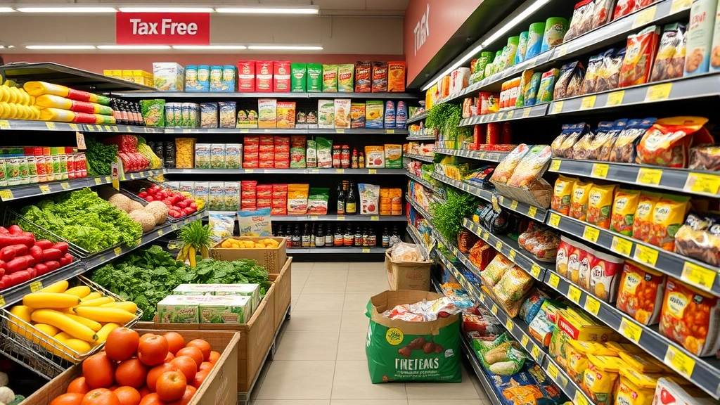 sales tax in vegas - 
Grocery store aisle with fresh produce and packaged goods, representing tax-fre
