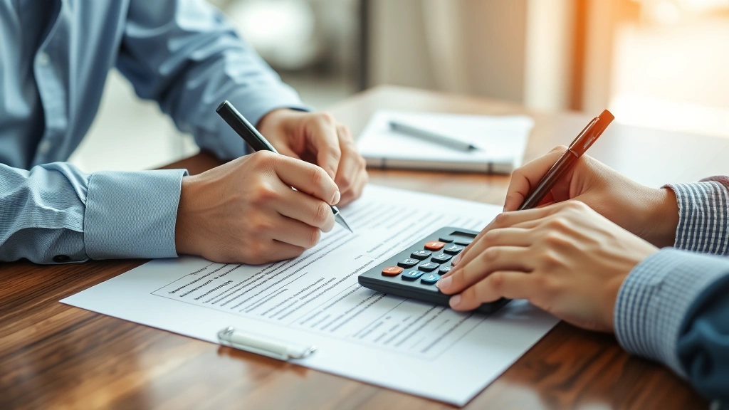 sales tax in vegas - 
Person signing vehicle purchase documents with a calculator and contract on the