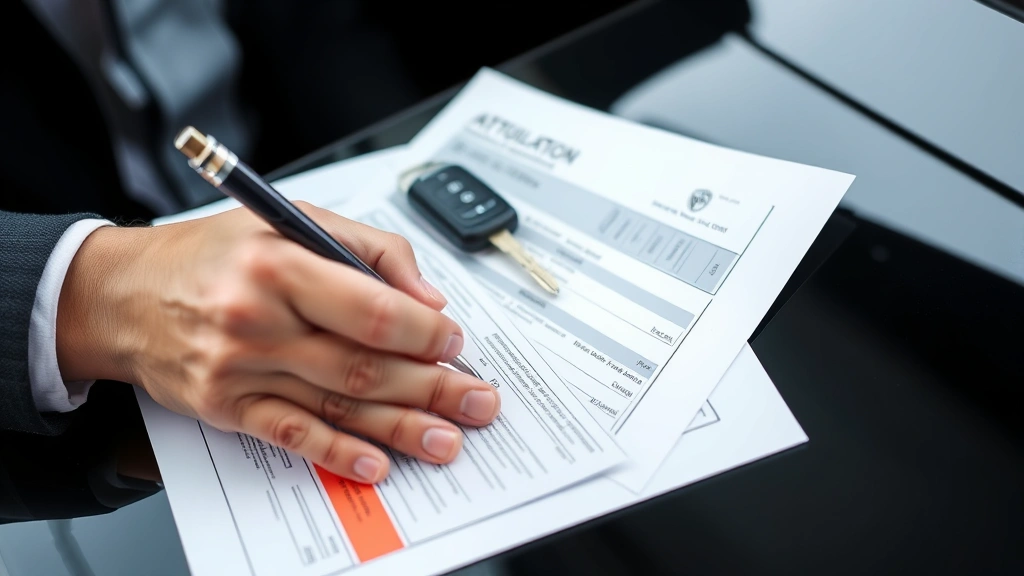 sales tax on a car in mo - 
Close-up of hands signing bill of sale paperwork with car keys and registration