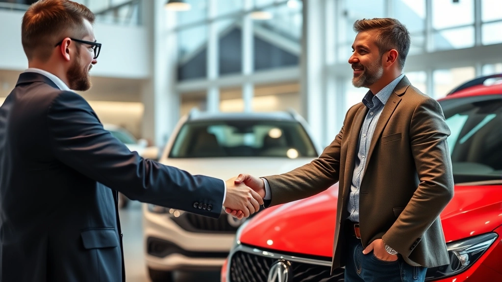 sales tax on a car in mo - 
Modern car dealership interior with salesman and customer shaking hands in fron