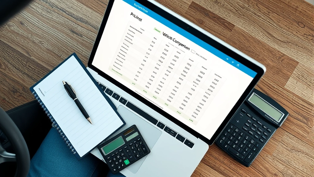 sales tax on a car in mo - 
Overhead view of laptop showing vehicle pricing comparison with notepad and cal