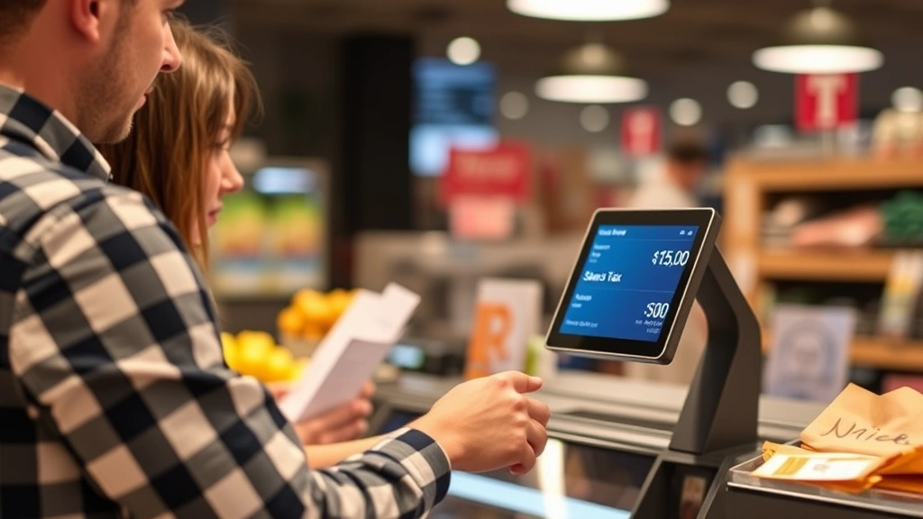 sales tax phoenix - 
Customer at checkout counter seeing sales tax added to purchase total on digita