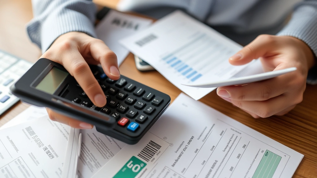 sales tax rate in seattle wa -
Person using calculator and taking notes while reviewing bills and receipts