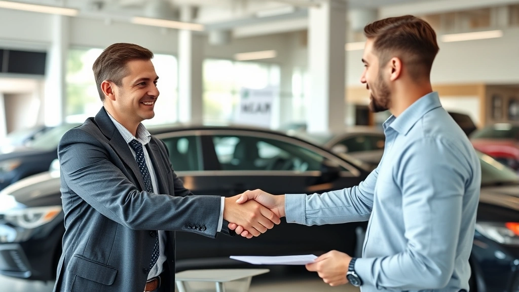 sales tax roseville ca - 
Handshake between car salesman and customer at dealership with paperwork
