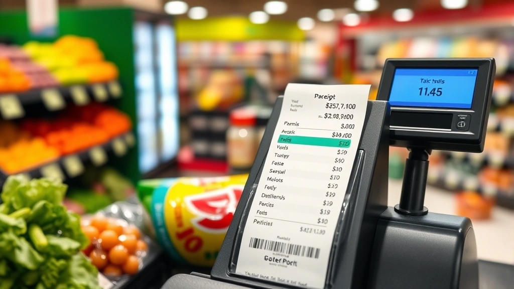 sales tax roseville ca - 
Grocery store checkout counter with receipt showing tax breakdown on items
