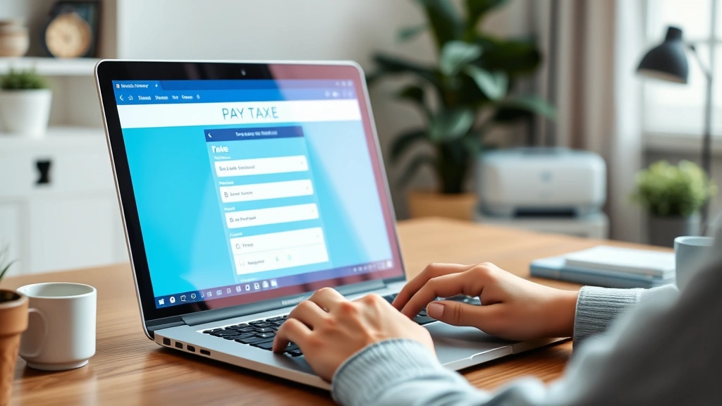 san joaquin county treasurer tax collector - 
Person using laptop computer at home office to pay taxes online through secure 