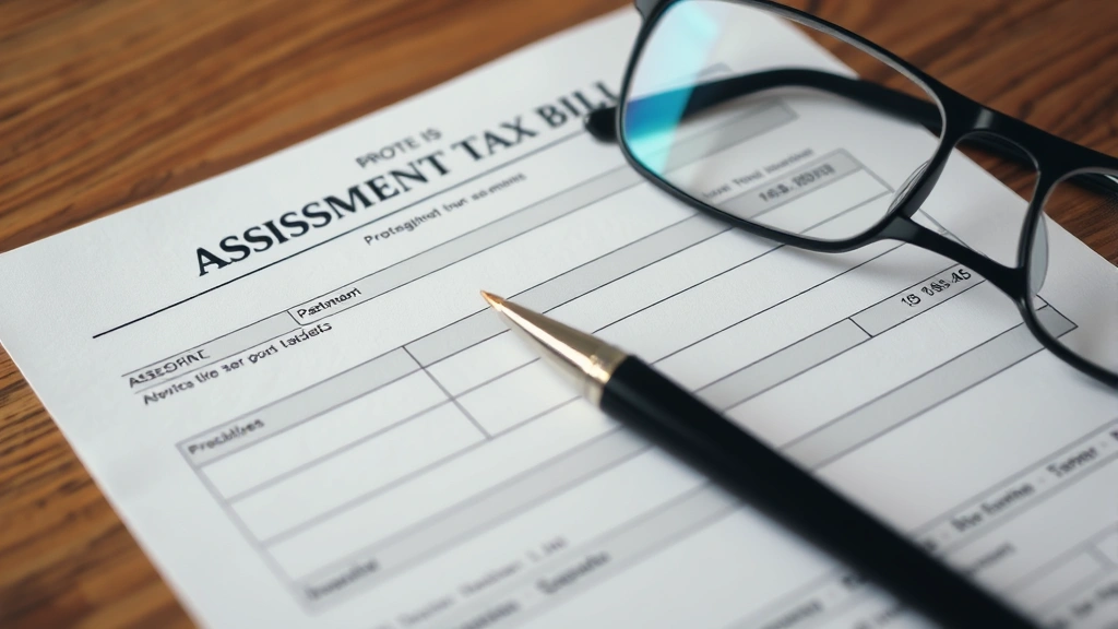 san mateo county property tax lookup - 
Close-up of property tax bill and assessment notice with pen and reading glasse