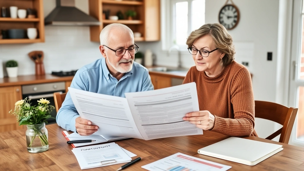 santa cruz county property tax - 
Senior couple reviewing pension and property tax documents at kitchen table wit