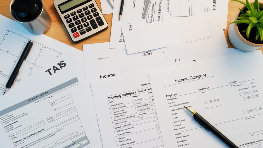 schedular tax - 
Organized workspace with tax forms, calculator, and documents showing different