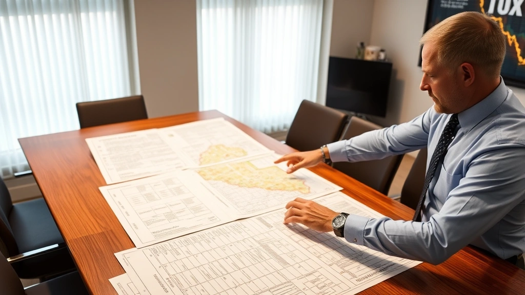 screven county tax records - 
Male tax professional in dress shirt reviewing large property tax maps spread a