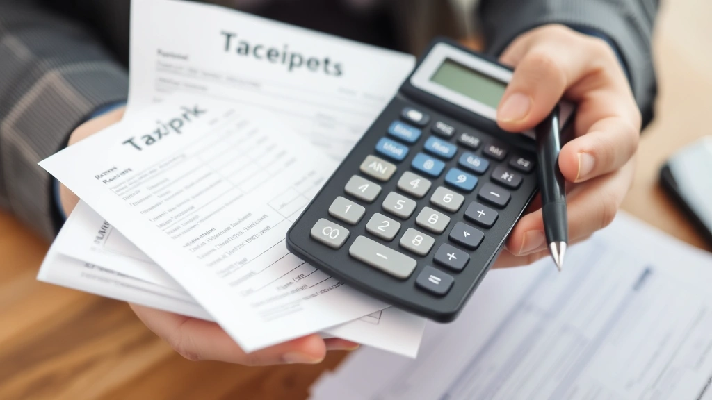 shopify sales tax - 
Close-up of hands holding business receipts and tax forms with calculator and p