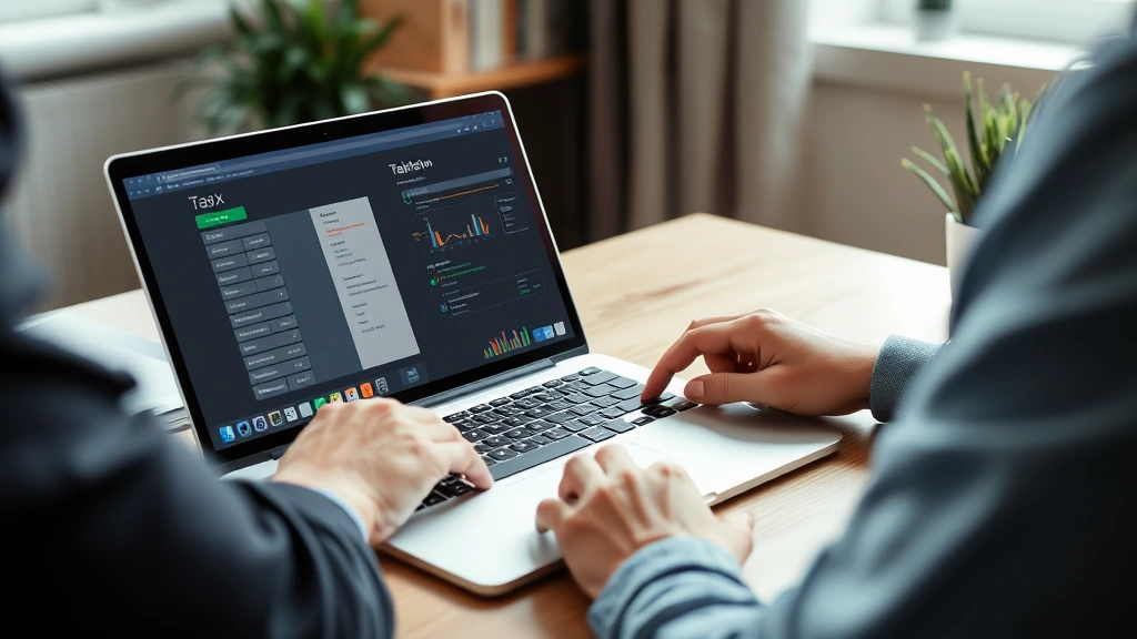 shopify sales tax - 
Person working on laptop with digital tax software interface displayed, profess