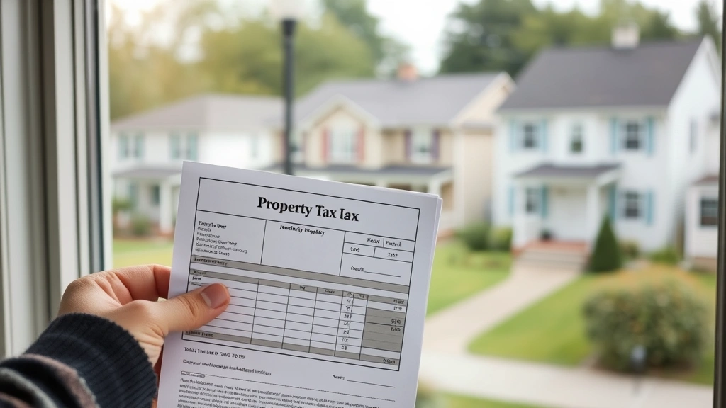 smithtown taxes -
Homeowner holding property tax bill with Smithtown neighborhood houses visible