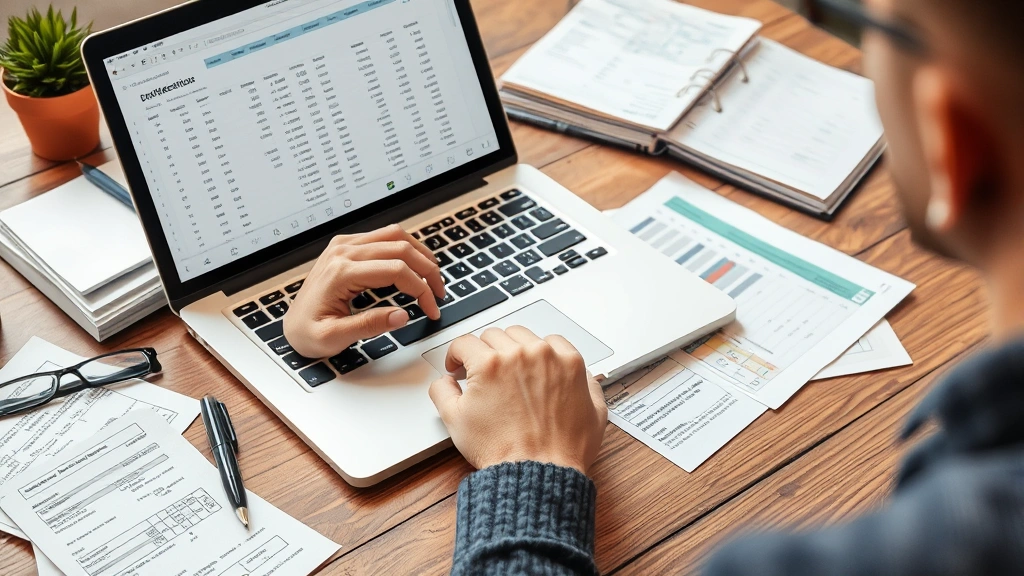 smithtown taxes -
Self-employed business owner tracking expenses on laptop with receipts and dedu