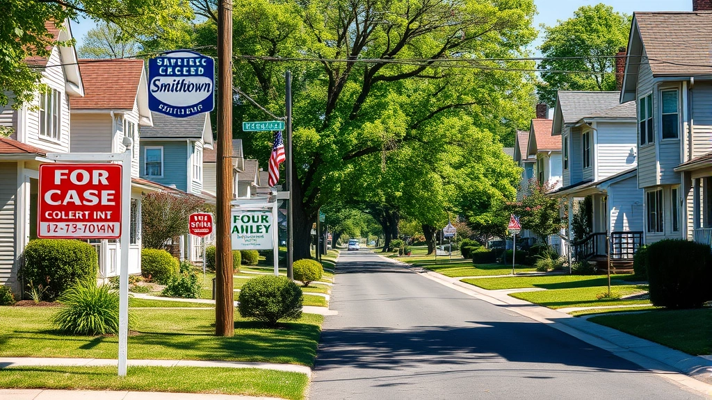 smithtown taxes -
Smithtown residential street with homes and property tax signs, sunny day, subu