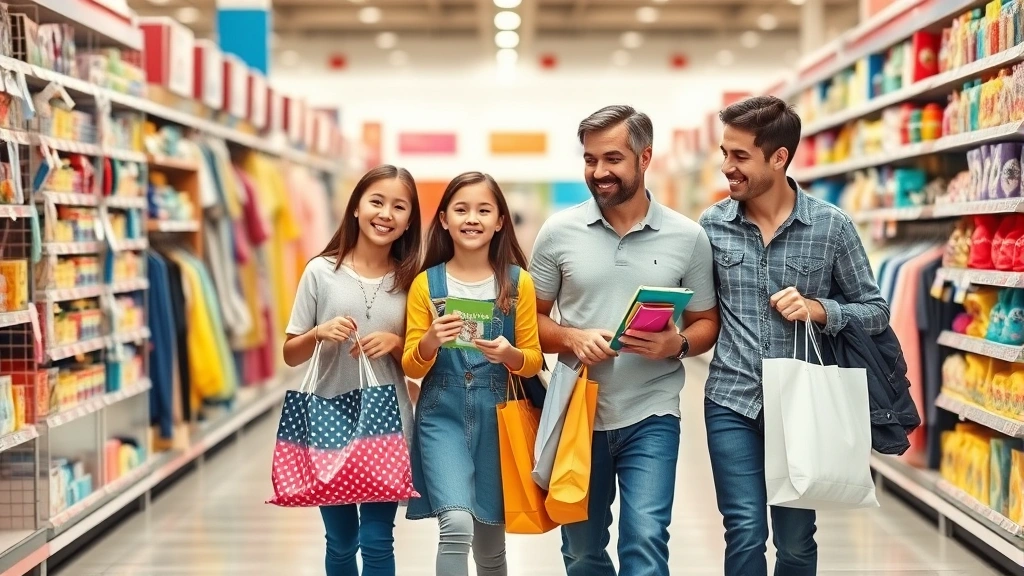 south carolina tax free weekend 2024 -
Family of four shopping together in bright retail store, holding clothing items