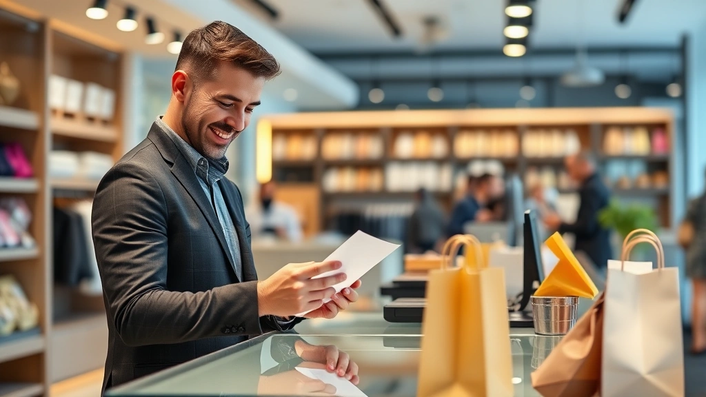 south carolina tax free weekend 2024 -
Professional man at checkout counter reviewing receipt, smiling, modern retail