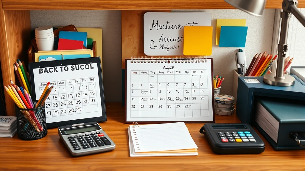 south carolina tax free weekend 2024 -
Organized home office desk with back-to-school items, calendar marked with Augu