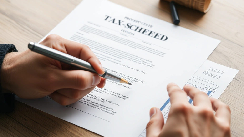 st clair property tax -
Close-up of hands reviewing real estate deed and property tax notice with pen p