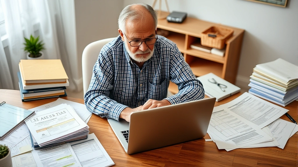 st joseph county indiana property tax - 
Senior homeowner on laptop filing property tax appeal with organized files and 