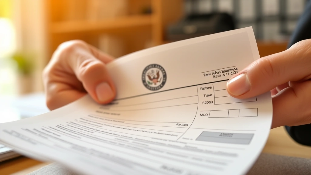 state and local tax refund summary - 
Close-up of hands holding printed tax refund statement with state seal, warm of