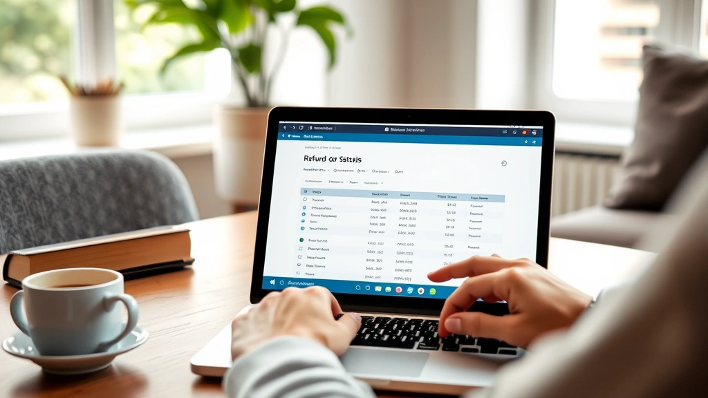 state and local tax refund summary - 
Person checking refund status on laptop screen, relaxed home office setting wit