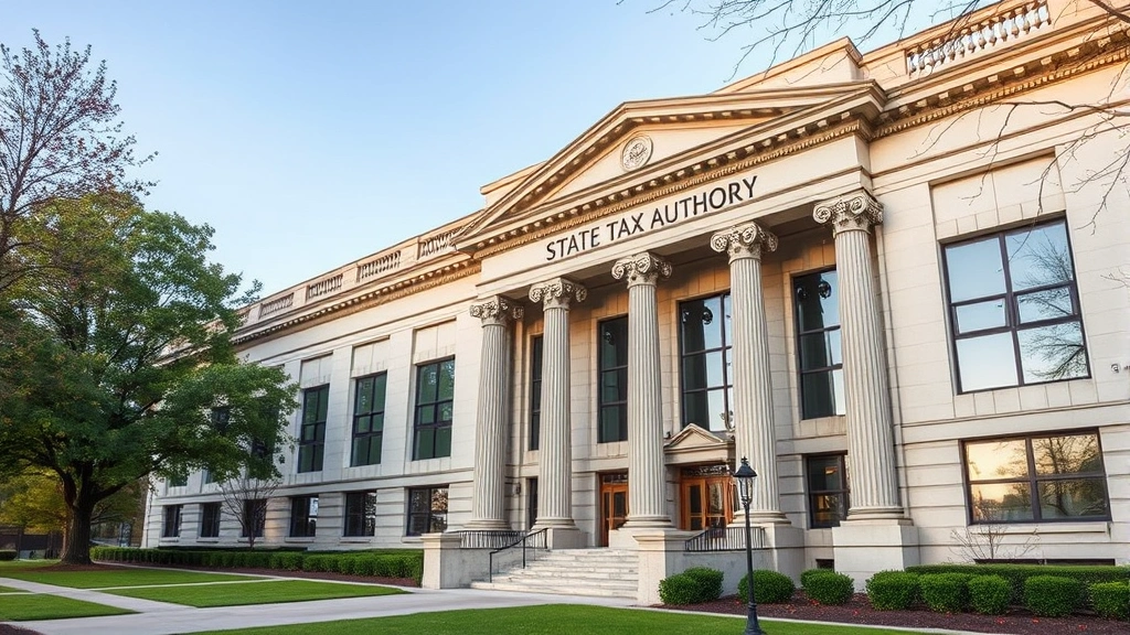 state and local tax refund summary - 
State tax authority office building exterior, professional government architect