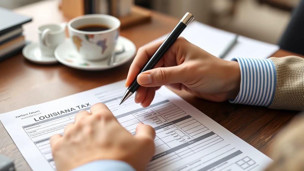state of louisiana income tax refund status - 
Close-up of hands holding a Louisiana tax return form with a pen, sitting on a 