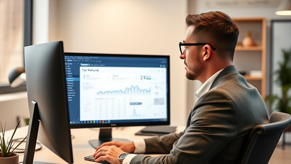 state of louisiana income tax refund status - 
Man in business casual attire looking at a computer monitor displaying a tax re