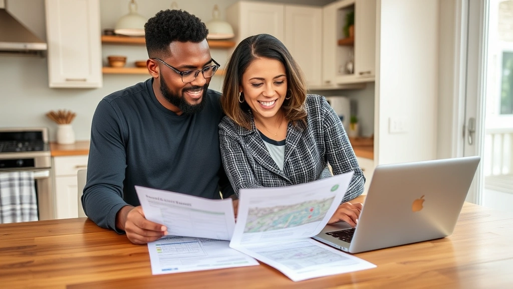 suffolk county tax map -
Diverse homeowner couple reviewing property assessment paperwork at kitchen tab