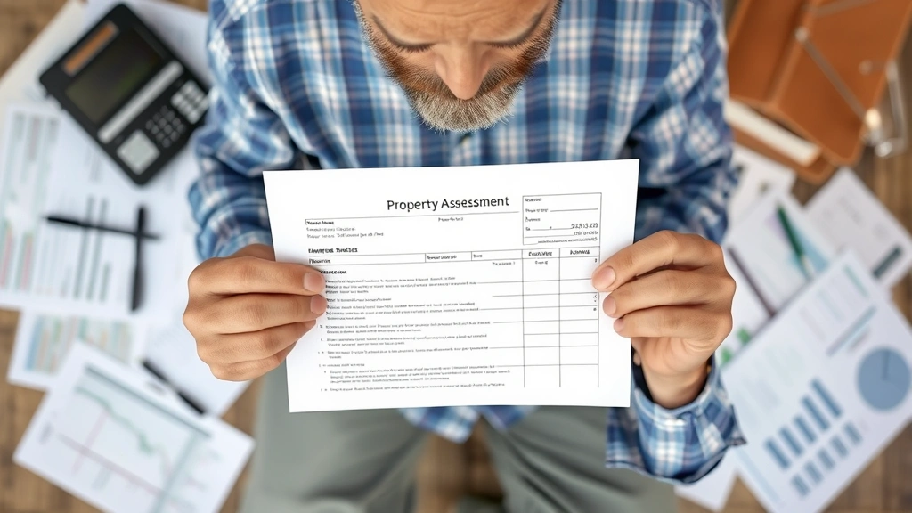 summit county ohio property tax - 
Overhead view of homeowner holding property assessment notice with concerned ex