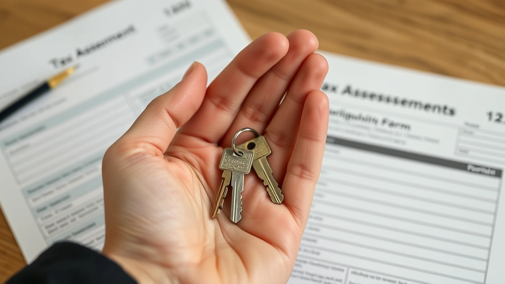 summit county ohio property tax - 
Close-up of hands holding house keys and property deed with tax assessment form