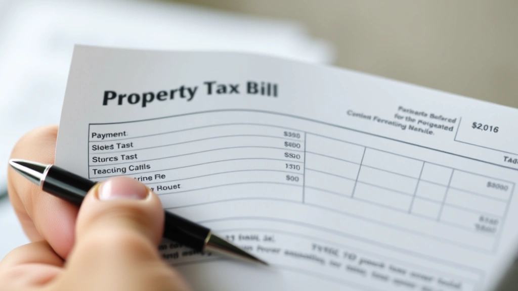 tax collector san bernardino - 
Close-up of hands holding a property tax bill statement with payment stub, pen 