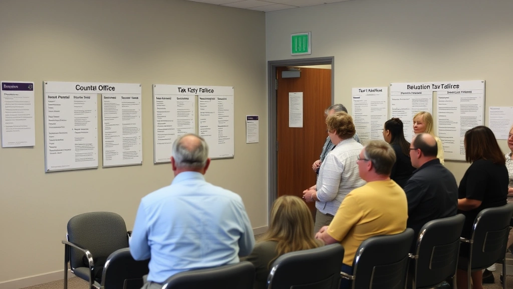 tax collector san bernardino - 
Diverse group of people in county office waiting room with information boards a