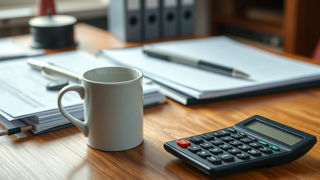 tax day coffee meme - 
Close-up of steaming coffee mug next to organized files and calculator on woode