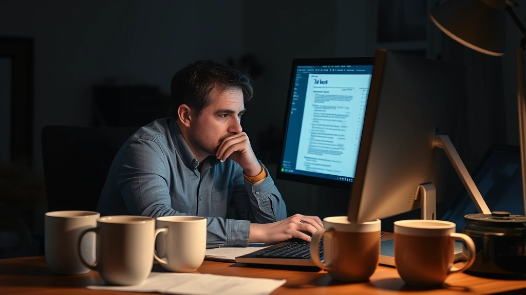 tax day coffee meme - 
Tired person at computer late at night with multiple coffee cups nearby, tax fo