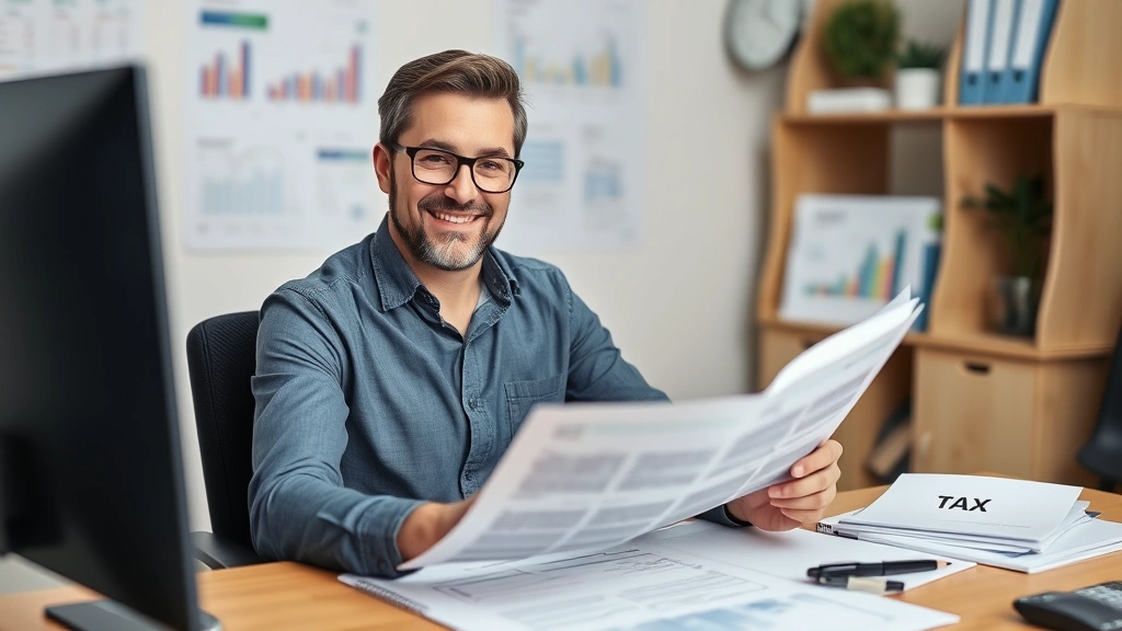tax day coffee meme - 
Person confidently reviewing tax documents with a satisfied expression, clean d